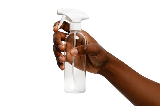 Dark-skin tone hand with trigger spray bottle — PNG transparent