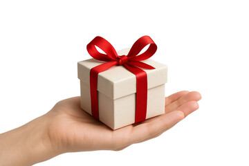 Obraz premium Light-skin tone hands presenting gift box with red ribbon — PNG transparent