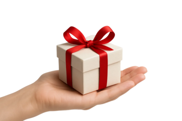 Light-skin tone hands presenting gift box with red ribbon — PNG transparent