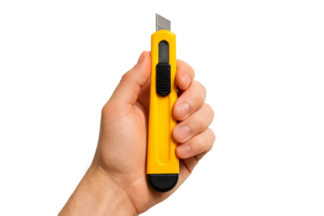 Light-skin tone hand with yellow utility knife (box cutter) — PNG transparent