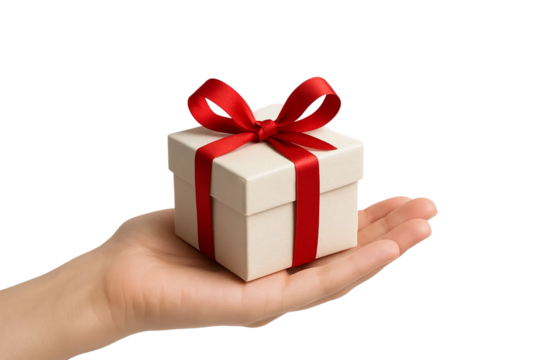 Light-skin tone hands presenting gift box with red ribbon — PNG transparent