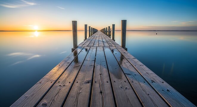 Wooden pier extending into calm water under a beautiful sunset sky