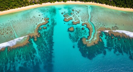 Aerial view of a tropical island lagoon with vibrant turquoise waters and coral reefs