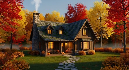 Cozy rustic cabin nestled among vibrant autumn foliage with warm interior light