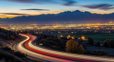 Light trail on winding road leading to illuminated city at dusk with mountains