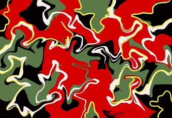 Vibrant abstract pattern with swirling red, green, black, and white shapes creating a dynamic camouflage inspired texture for contemporary art, design backgrounds, and bold visuals