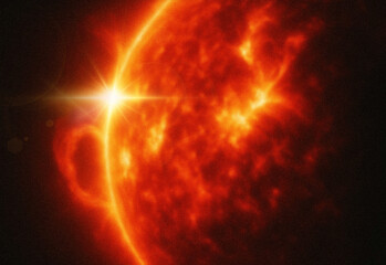 Extreme close-up of a solar flare erupting from the sun's surface, with radiant corona and plasma streams in the dark expanse of space, ideal for education and science visuals