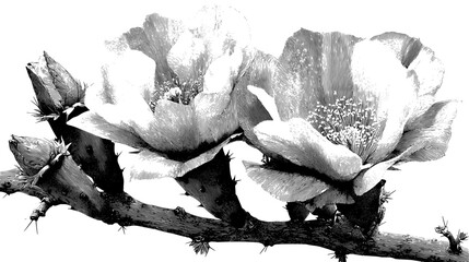 Sketchy vecter illustration of monochrome illustration of prickly pear cactus flowers and buds on a white background image silhouette