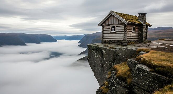 Isolated wooden cabin perched precariously on a sheer cliff overlooking a misty fjord landscape