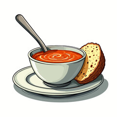 Soup and sourdough, delicious dish served in bowl with spoon