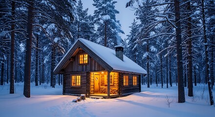 Cozy log cabin bathed in warm light amidst a snow covered pine forest