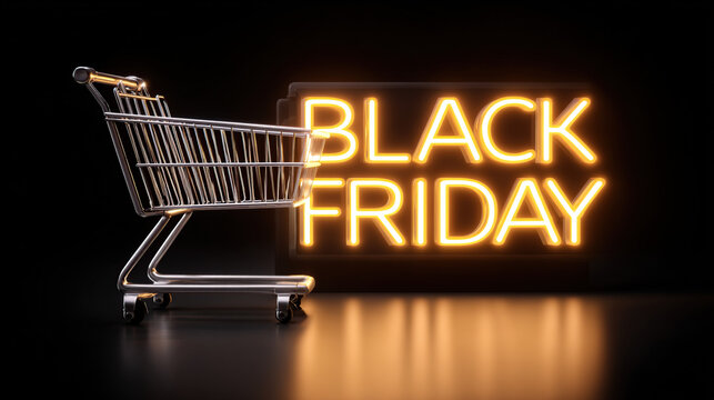 Get ready for amazing deals with a shopping cart and a glowing Black Friday neon sign.