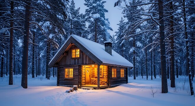 Cozy log cabin bathed in warm light amidst a snow covered pine forest