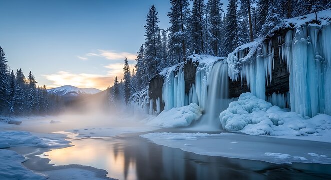 Majestic frozen waterfall and steaming river at sunrise in a snow covered evergreen forest