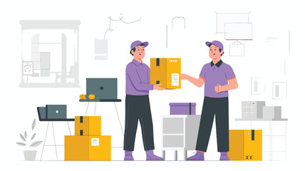 Two delivery men holding yellow boxes in an office