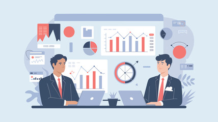 Two men in suits at desks with laptops and data charts