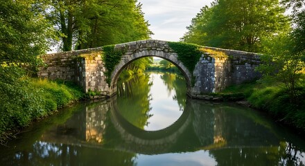 Ancient stone arch bridge covered in greenery reflecting in calm water surrounded by lush trees
