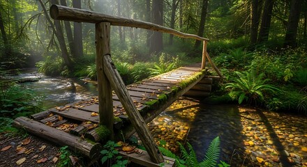 Rustic wooden bridge crossing a sunlit forest stream amidst lush greenery