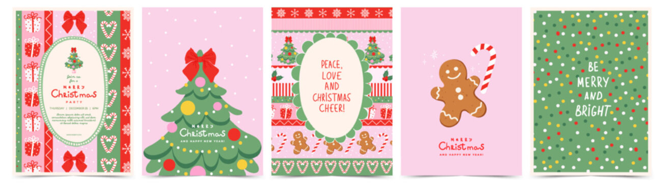 Set of cute Christmas greeting card, invitation, poster, cover in trendy hand drawn style. Modern Xmas design with gingerbread man, Christmas tree, candy cane, snowflakes. Vector illustration