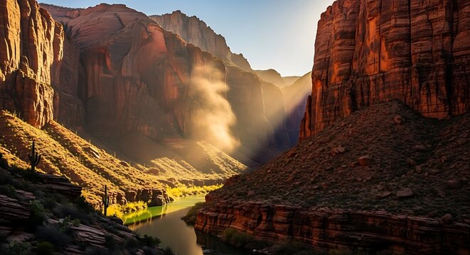 Dramatic sunbeams pierce through canyon walls illuminating a winding river below at sunrise
