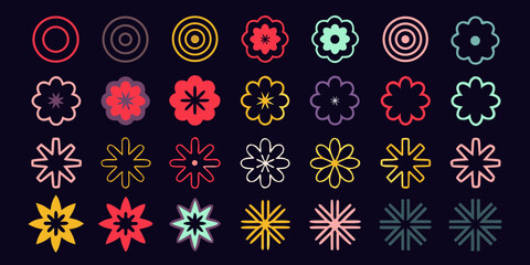 Collection of colorful abstract floral and circular geometric shapes on a dark background