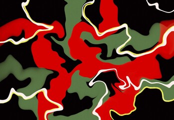 Abstract camouflage inspired pattern with flowing shapes in red, green and black, outlined in white; bold, textured contrast for design, print and background artwork