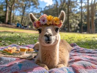 Obraz premium A fluffy llama wearing a flower crown enjoys a picnic in a sunny park