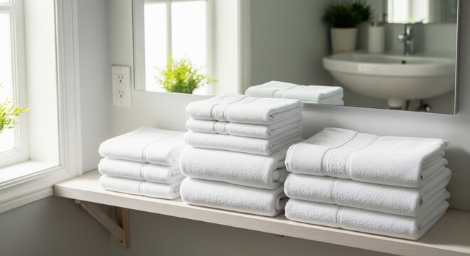 Abundant Stacks of Clean White Terry Cloth Towels on Shelf
A wide-angle, brightly lit shot of a large collection of freshly laundered, pure white cotton bath and hand towels