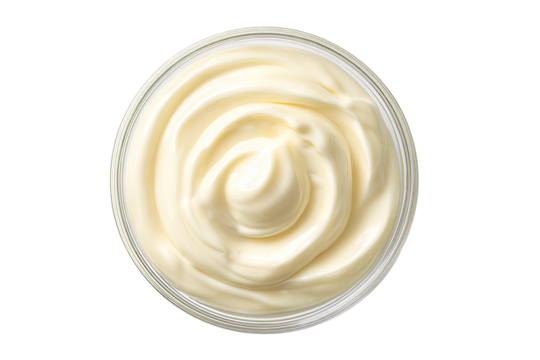 Creamy, pale yellow condiment in a clear glass bowl