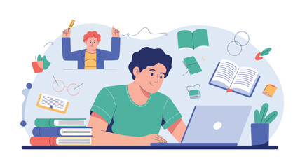 Man at laptop surrounded by books and learning icons