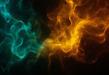 Abstract cosmic nebula with swirling blue-green and orange-yellow gas clouds against a starry background, creating a vibrant, ethereal composition of light, texture, and motion