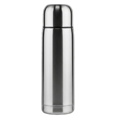 Silver Thermos Flask with Black Cap metal container