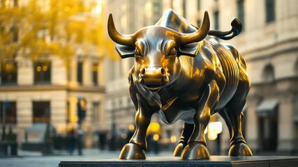 Famous bronze bull statue in motion near stock exchange building, symbolizing bullish financial market trend, economic growth, investment opportunities, success, wide banner copy space - Powered by Adobe