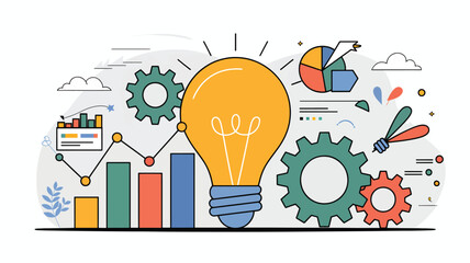 Light bulb with gears and bar charts pie chart data