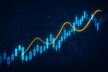 Abstract financial trading candlestick chart with glowing yellow line graph showing positive investment growth on digital background