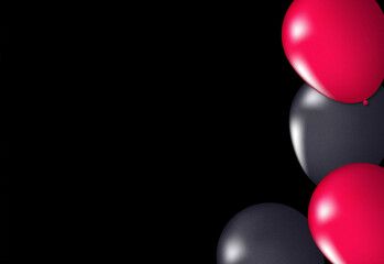 Colorful balloons against a deep black backdrop create a dramatic festive scene with bold red and dark accents, perfect for celebrations, parties, invitations, and event decor