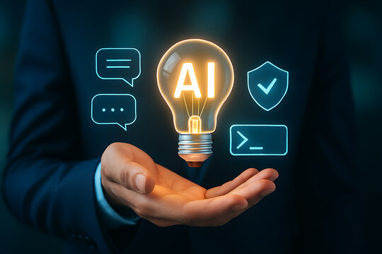 AI technology solution with glowing light bulb symbolizing intelligence innovation security and automation in digital future business - Powered by Adobe