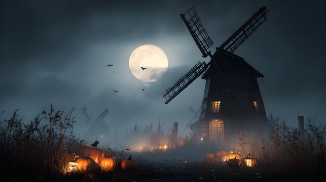 Spooky Halloween night with glowing pumpkins, ancient windmills, and a full moon illuminating the eerie misty landscape with flying bats