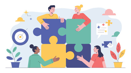 Four people connecting puzzle pieces in teamwork connection
