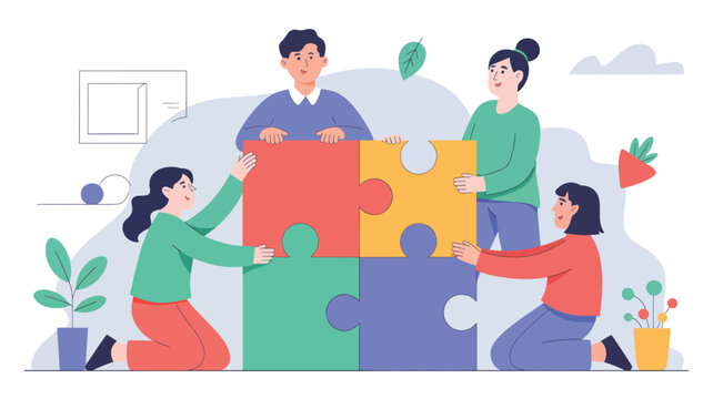 Four people assembling a large four piece puzzle teamwork