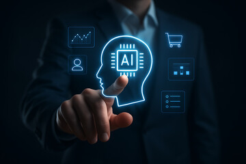 Business professional selecting digital AI head icon for artificial intelligence integration and smart business solutions