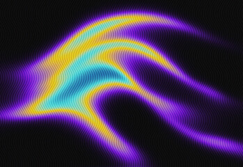 Abstract colorful neon waves flow across a dark textured background blending purple, yellow, cyan and magenta in a dynamic, futuristic design for digital art and technology visuals