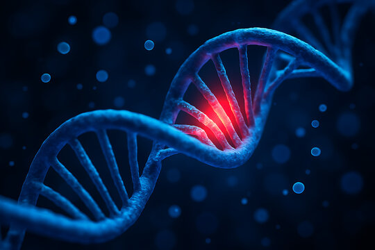 Closeup 3D rendering of DNA double helix with glowing red highlighted section symbolizing genetic mutation in molecular biology