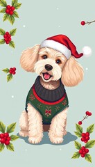 Playful Poodle illustration in a festive Christmas sweater and a Santa hat, with holly and berries,  dog,  pet