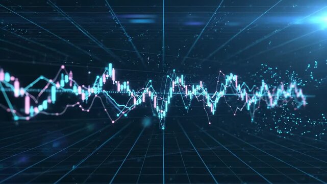 Graph line pulses across grid. Waveform shows rapid fluctuation and sudden spike. Data renders metric shifts for finance tech. Loopable chart format. Clean digital asset. Compact loop duration.