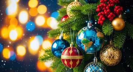 Christmas ornament collection on decorated tree with festive bokeh lights