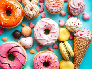 Sweet treats assortment featuring colorful donuts, cupcakes, ice cream cones, and macarons for a delightful visual experience,  sweet,  macaron