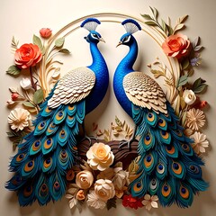 Elegant Peacock Pair Amidst Floral Splendor - A Decorative Masterpiece.