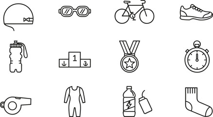 Triathlon sports icons, swimming cycling running graphics, swim cap goggles bicycle shoe, water bottle stopwatch medal whistle, winner podium, flavector