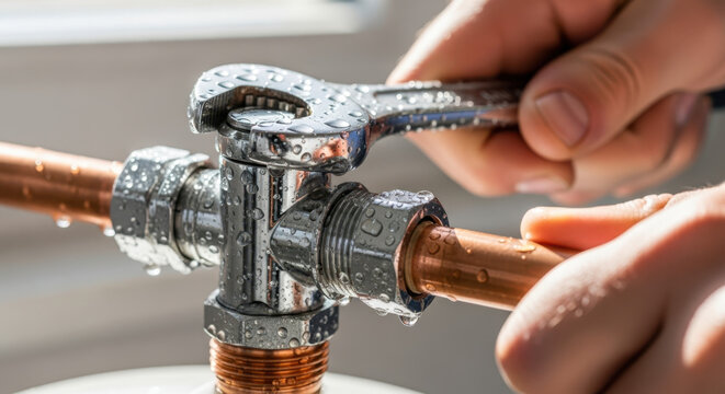 Close-up of a plumber tightening metal fittings on water pipes with a wrench, glistening after recent work for plumbing services and maintenance
